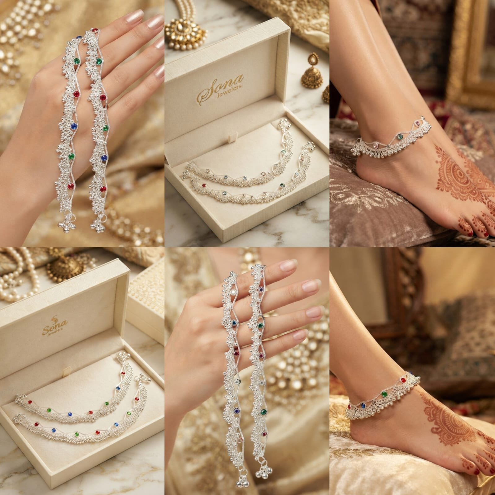Sona Jewelers Silver Multi-Stone Payal Anklet Set - Traditional Indian Pakistani Bridal Ghungroo Anklets with Colorful Crystals(Replica)